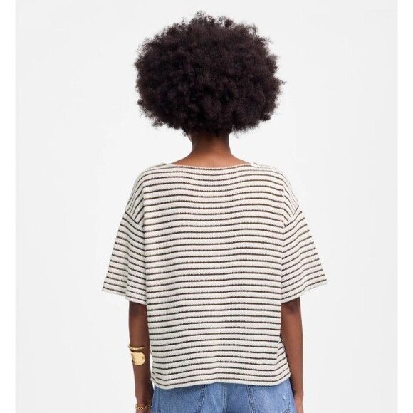 Madewell Textured Stripe Short Sleeve Sweater Top Women White Brown Size Large - Picture 2 of 12